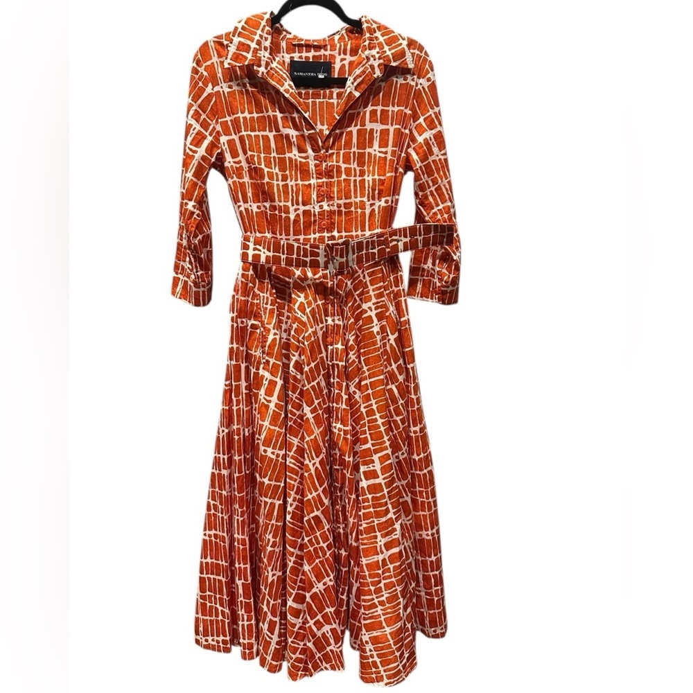SAMANTHA SUNG Vibrant Orange and White Long Sleeve Dress size 8